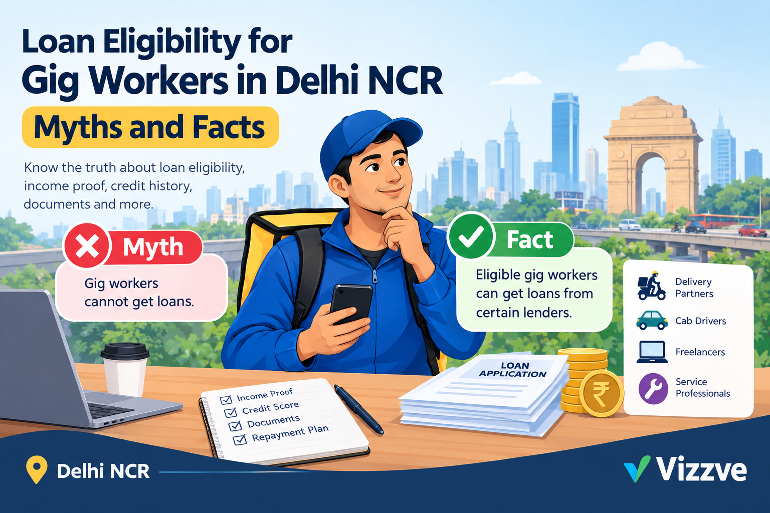 Loan Eligibility for Gig Workers in Delhi NCR – Myths and Facts explaining loan eligibility, income proof, credit score, required documents, and loan options for delivery partners, cab drivers, freelancers, and service professionals by Vizzve.